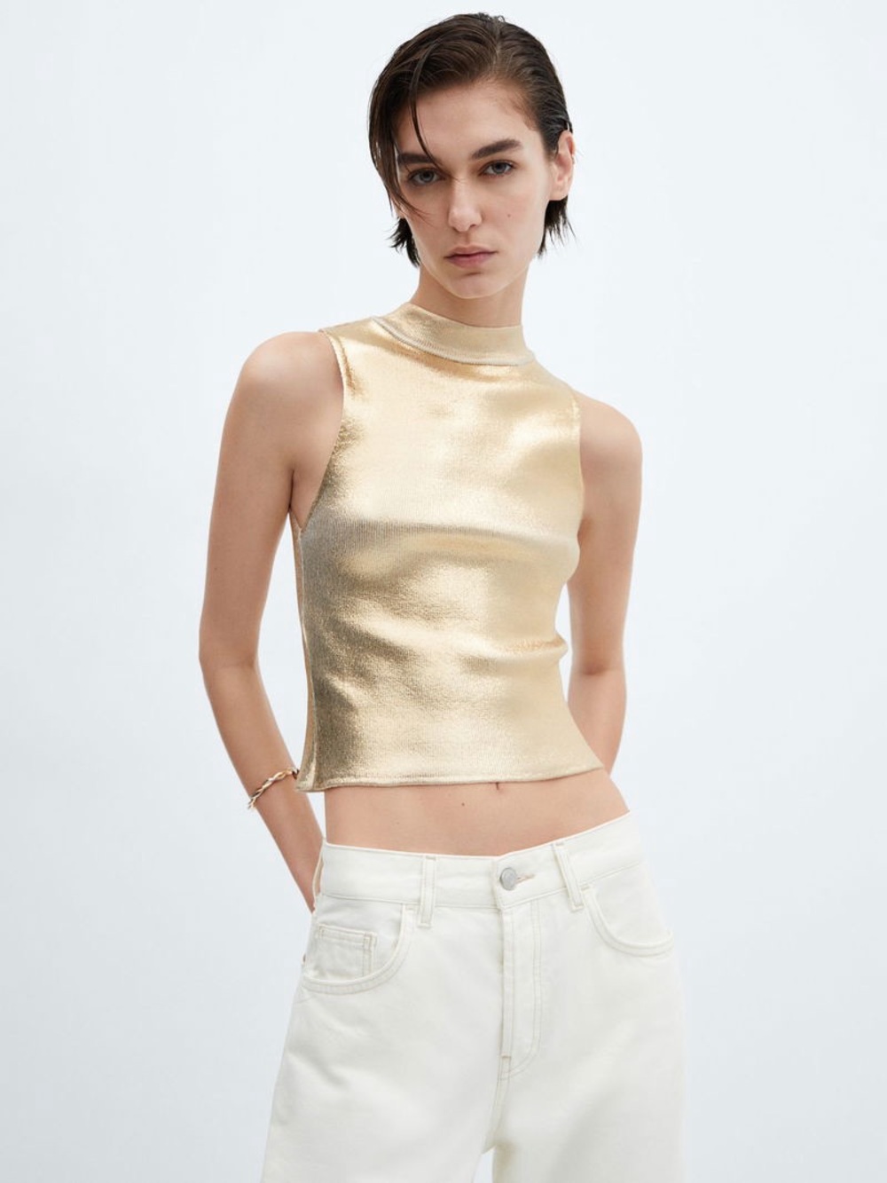Zara Metallic Gold Sleeveless Mock-Neck Tank